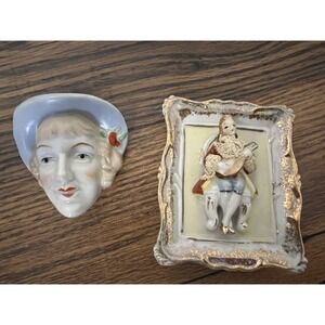 1930's ART DECO Hand Painted Lady Head‎ Wall Pocket and  Vintage Enesc Picture